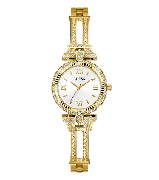 Elegantly angled Guess watch in none color, showcasing a sleek design with a minimalist dial and gold-tone accents.
