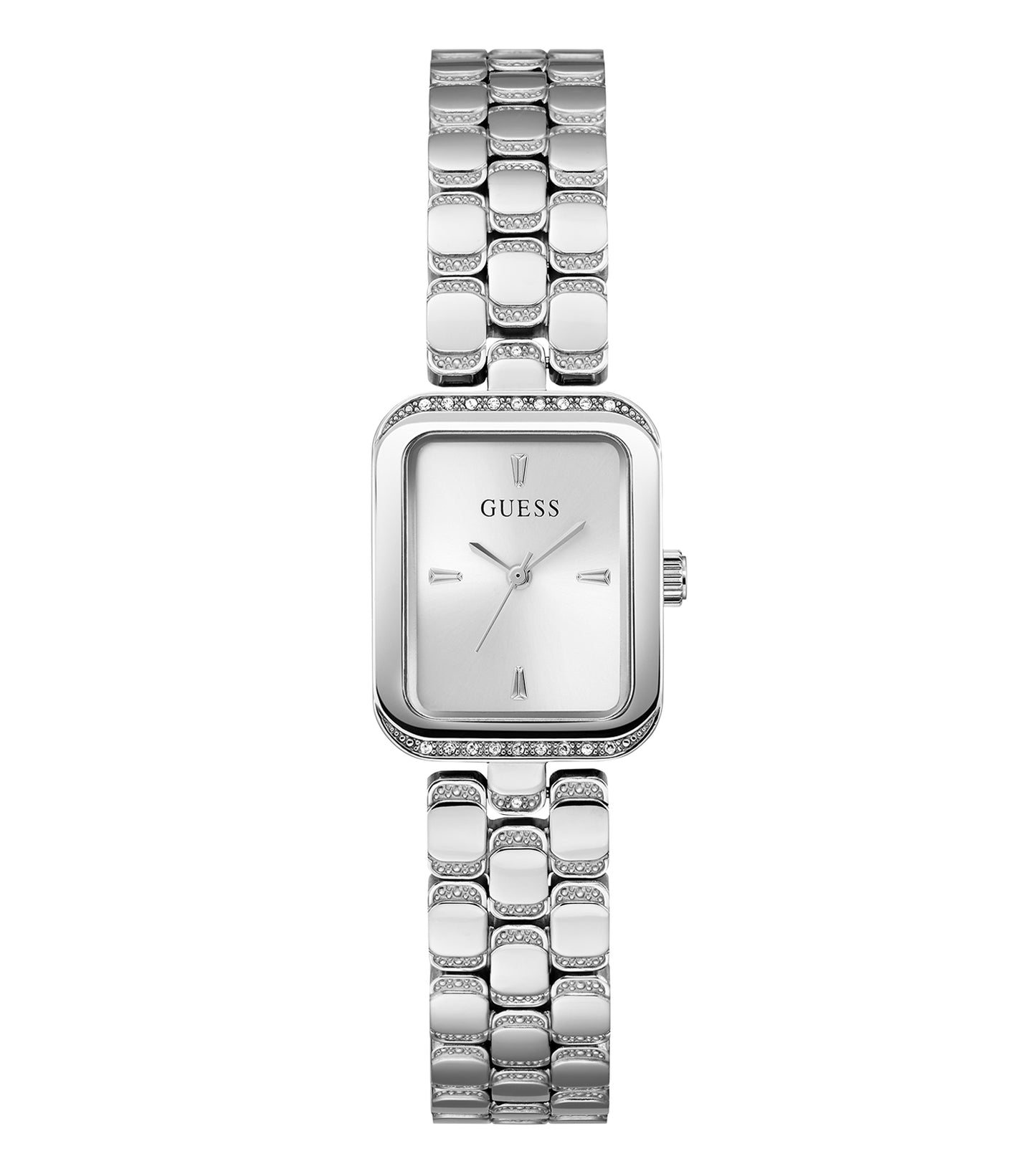 Elegant Guess watch in quartz color with a sophisticated stainless steel band, captured at a sleek side angle showcasing its timeless design.