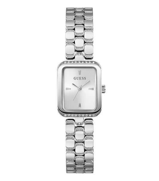 Elegant Guess watch in quartz color with a sophisticated stainless steel band, captured at a sleek side angle showcasing its timeless design.