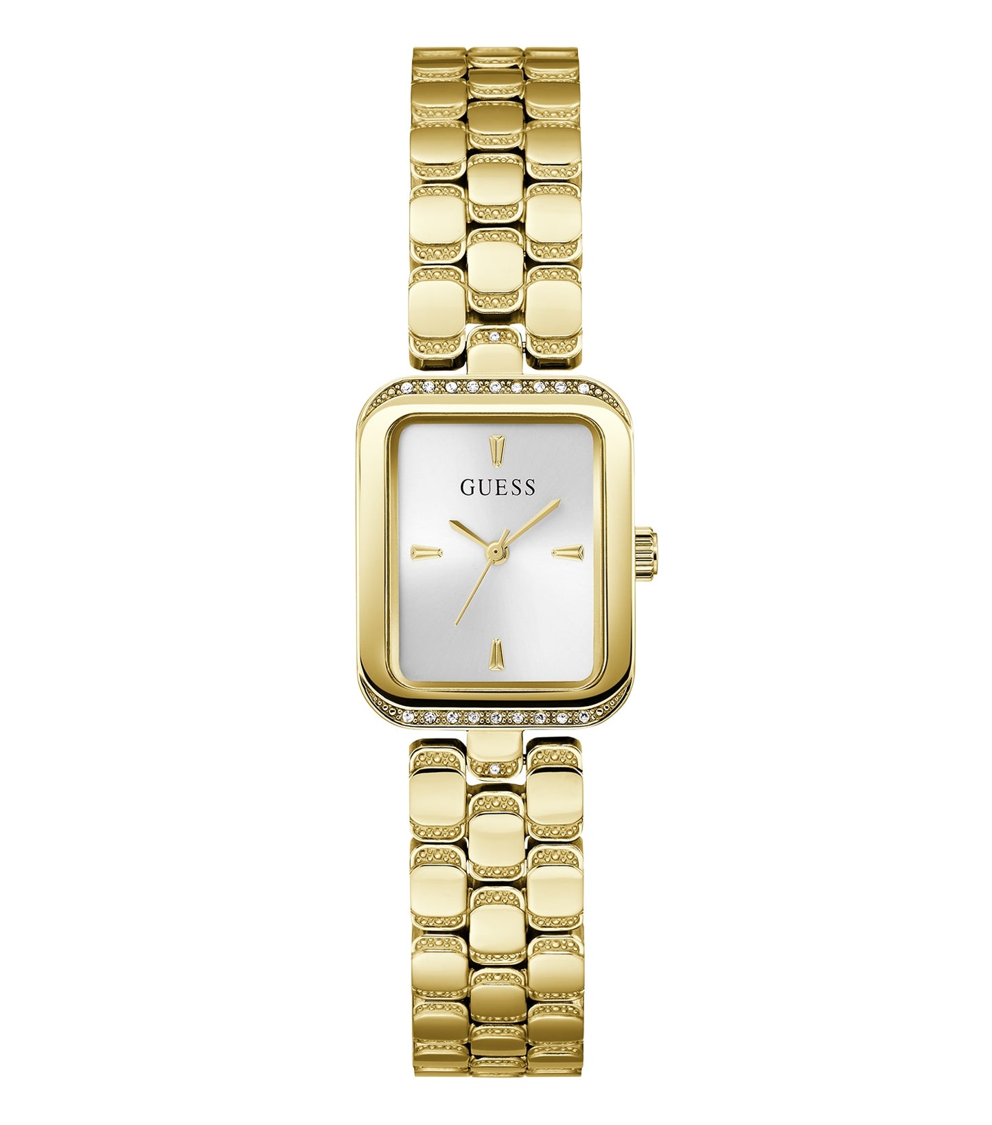 Elegant Guess watch in quartz color, showcasing a close-up angled view with its sleek round face and chic gold-tone bracelet.