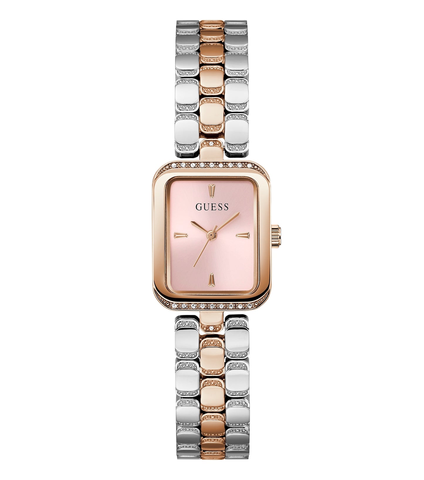 Stylish Guess watch in quartz color, showcasing a close-up angled view of the intricate watch face and elegant wristband design.