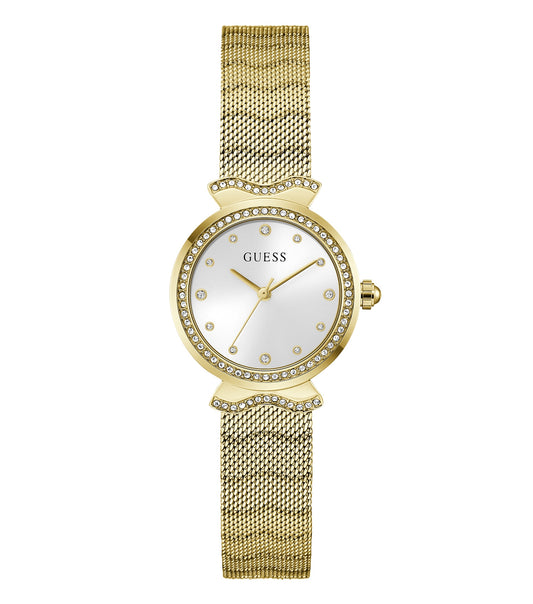 Guess Gold-Tone Watch GW0866L2 with Crystal Accents, Front Angle View Showcasing Luxurious Elegance and Intricate Detail