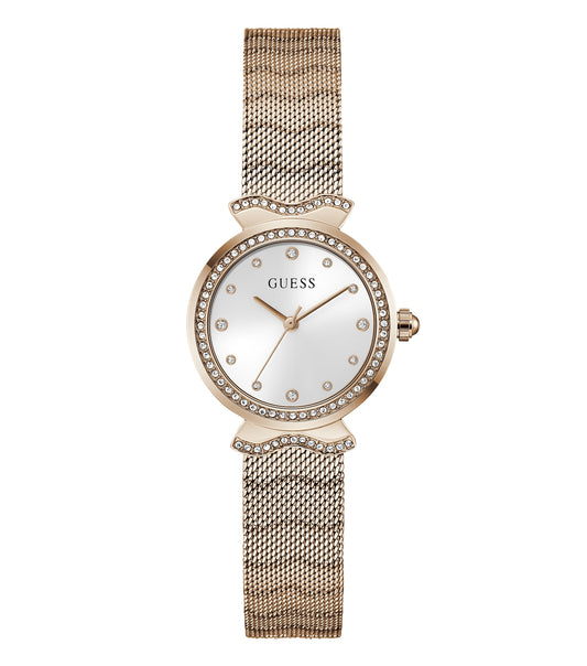 Guess women's watch in stunning mermaid color, side angle view, sparkling rhinestones, gold accents, luxurious watch face design.