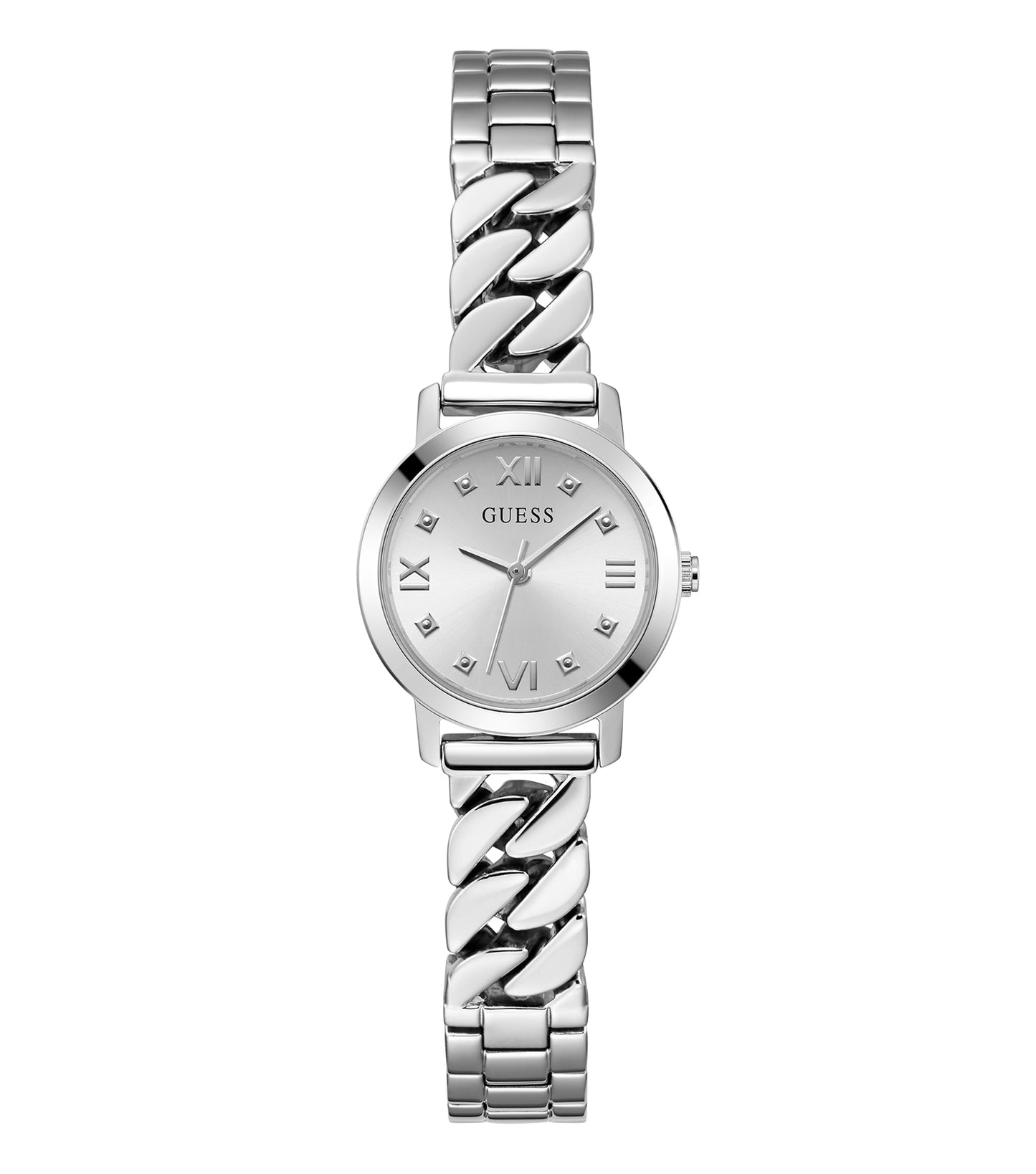 Guess quartz watch in soft beige, stylishly displayed at a 25-degree angle, highlighting its elegant design and unique watch face.