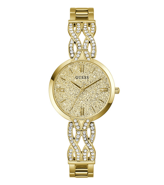 Guess coral watch with sleek design, front angle view; displays easygoing flow, embodying elegance and brand sophistication.