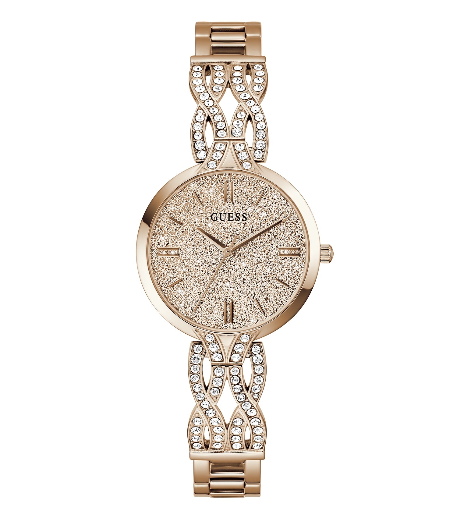 Guess coral-colored watch with easygoing flow, showcasing its sleek face and side angle, perfect blend of style and elegance.