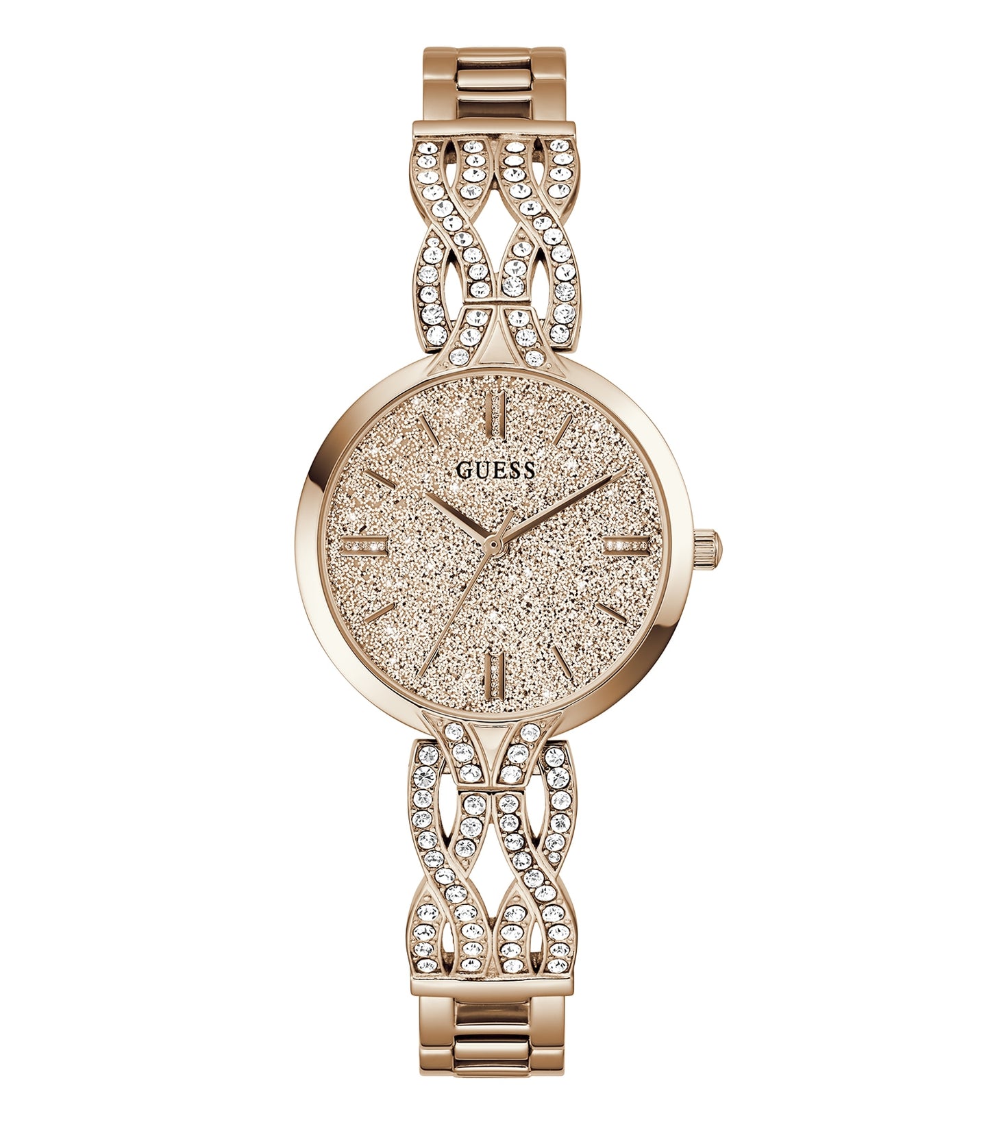 Guess coral-colored watch with easygoing flow, showcasing its sleek face and side angle, perfect blend of style and elegance.
