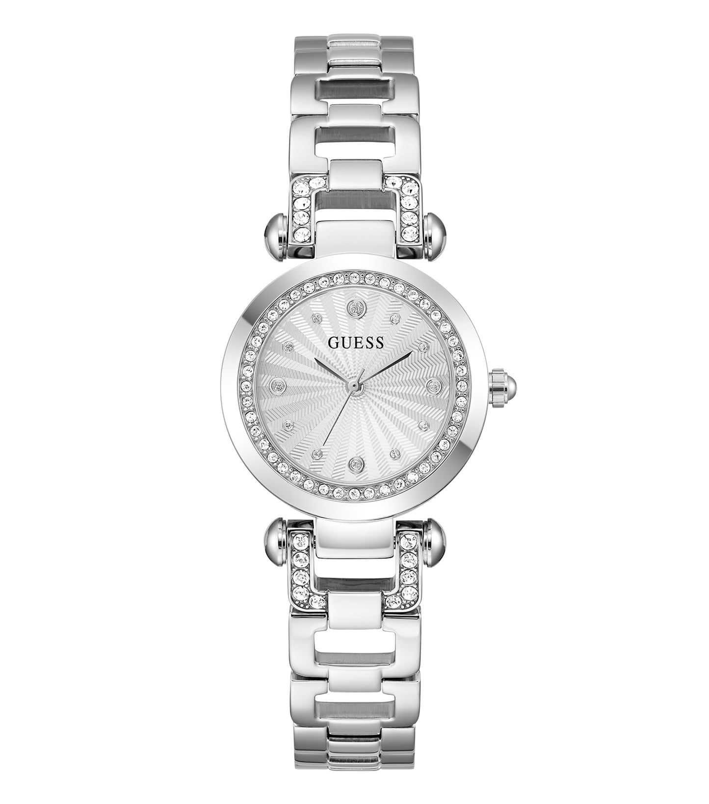 Guess ginger color watch with a round dial, showcasing an elegant design, featuring a three-quarter view and smooth straps.