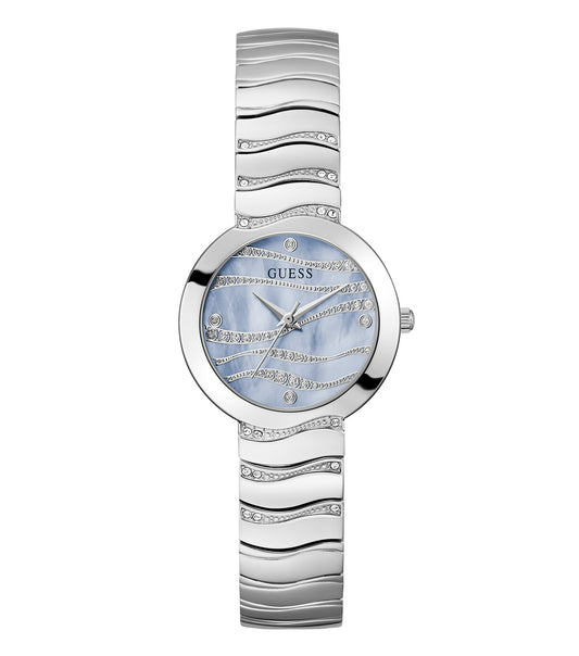 Elevate your style with the Guess silver-tone women's watch featuring crystal embellishments, side profile view.