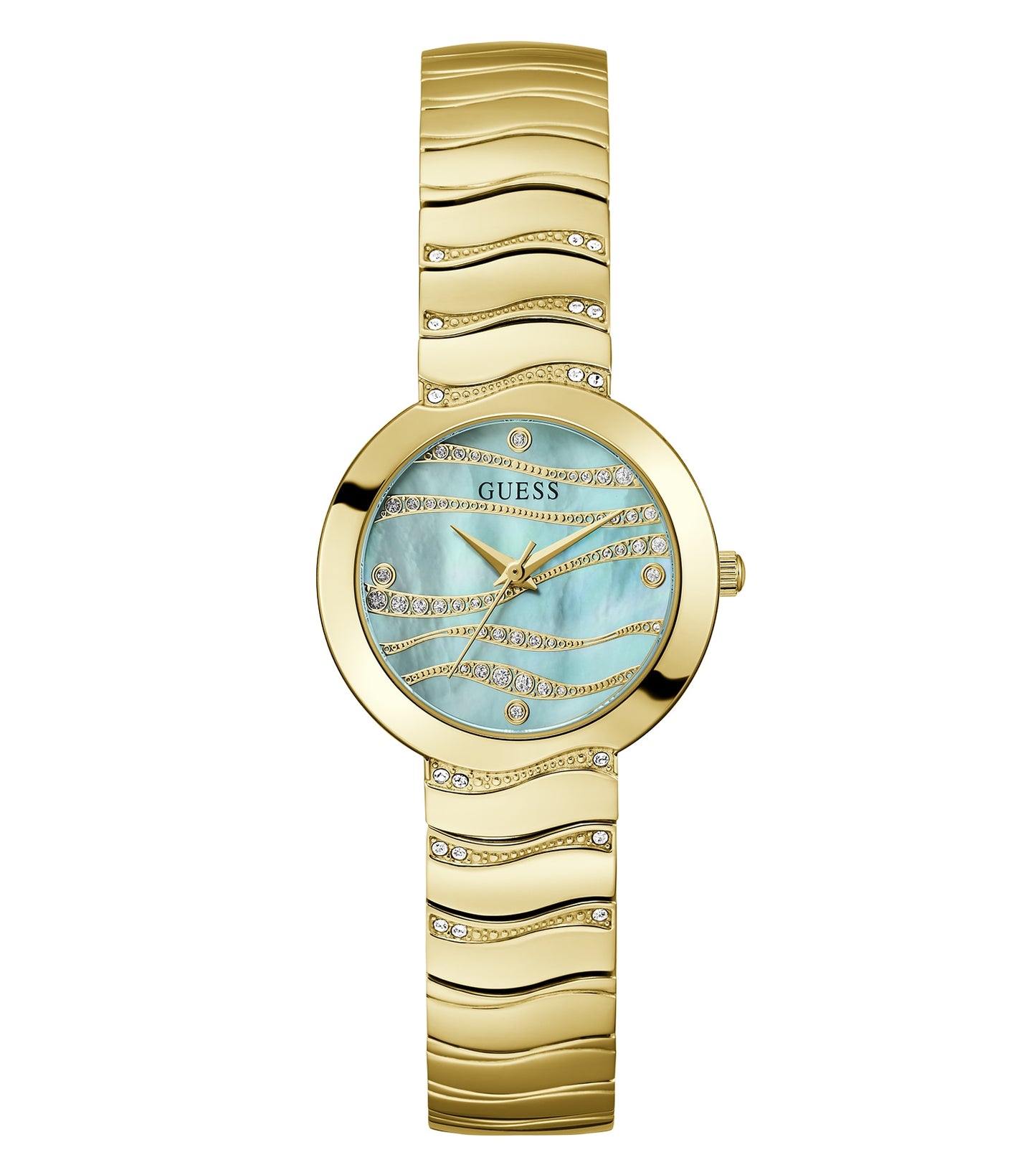 Passionately crafted Guess quartz watch featuring a sleek gold design, displayed at a 30-degree angle, shimmering elegance.