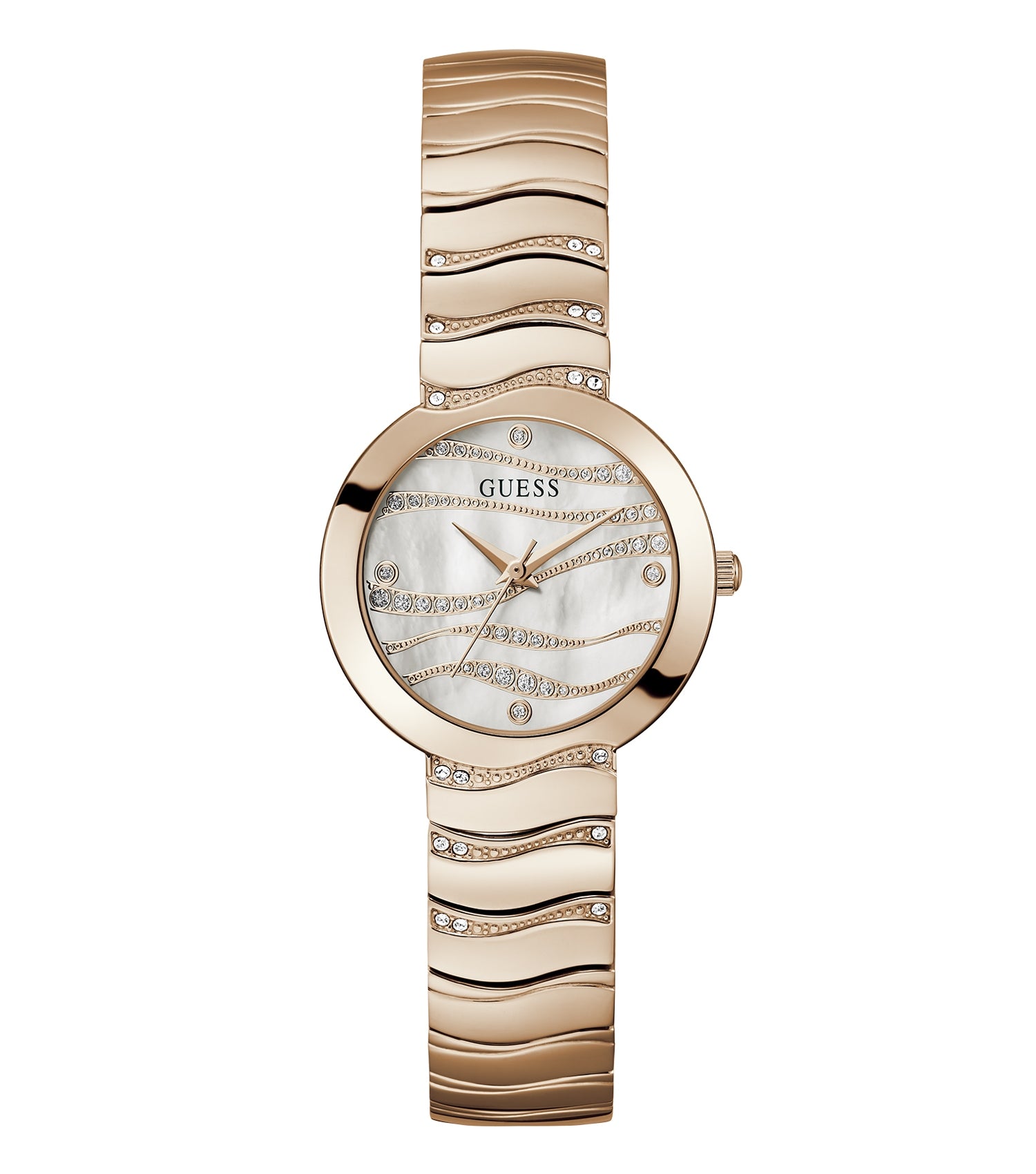GUESS quartz watch in vibrant blue with gold accents, displayed at a 30-degree angle, showcasing its elegant design and craftsmanship.