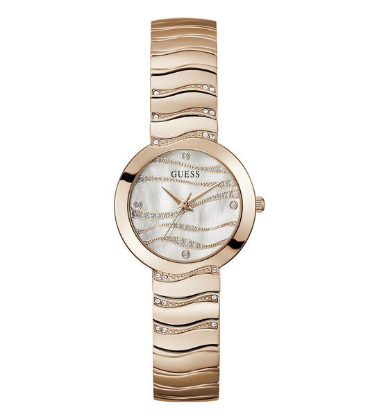 GUESS quartz watch in vibrant blue with gold accents, displayed at a 30-degree angle, showcasing its elegant design and craftsmanship.