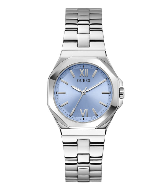 Stylish Guess women's watch in rose gold with a side view, emphasizing its elegant design and shimmering bracelet details.