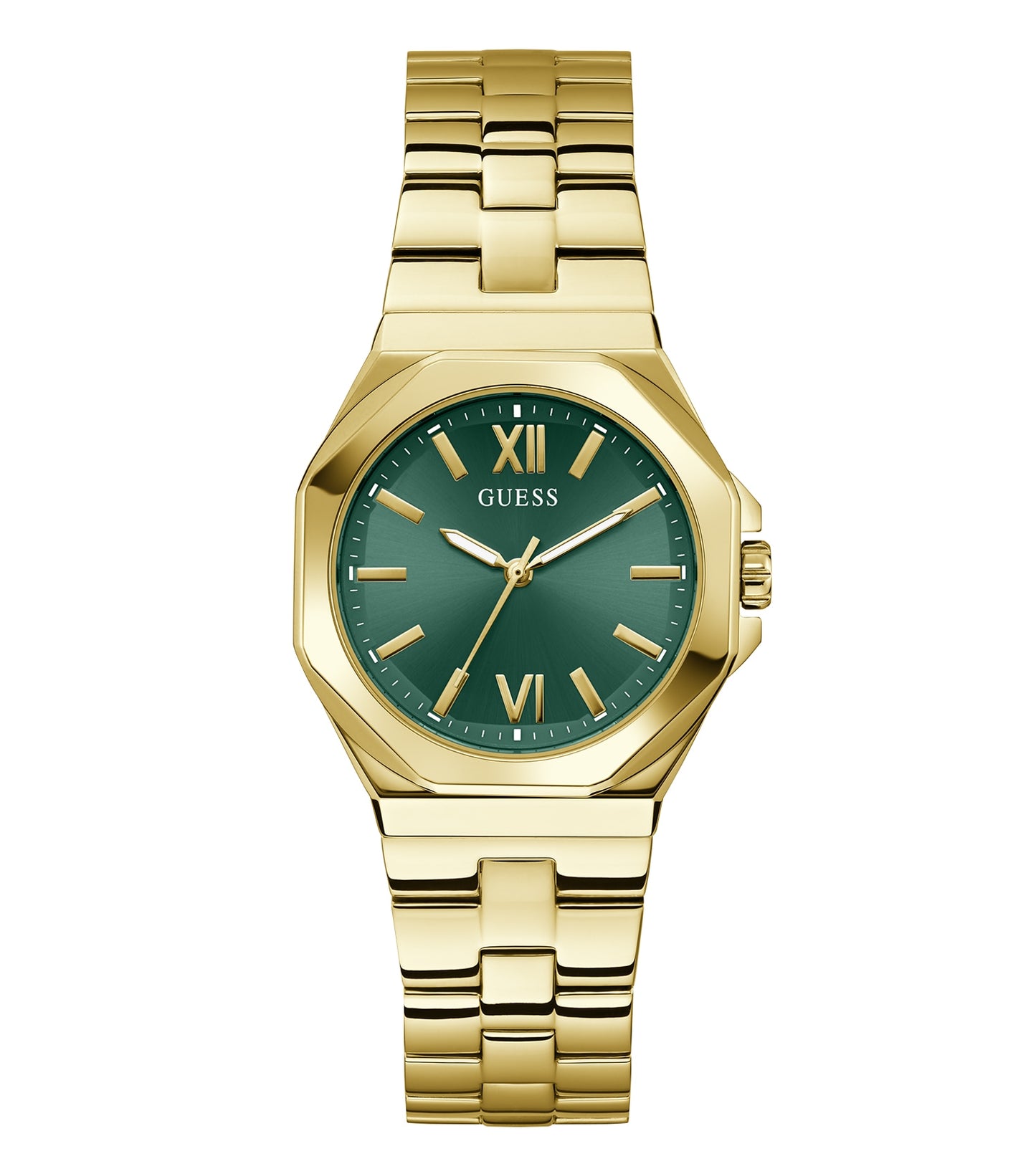 Guess women's quartz watch in a luxurious gold tone, elegantly displayed at a 3/4 angle, showcasing its stunning craftsmanship.