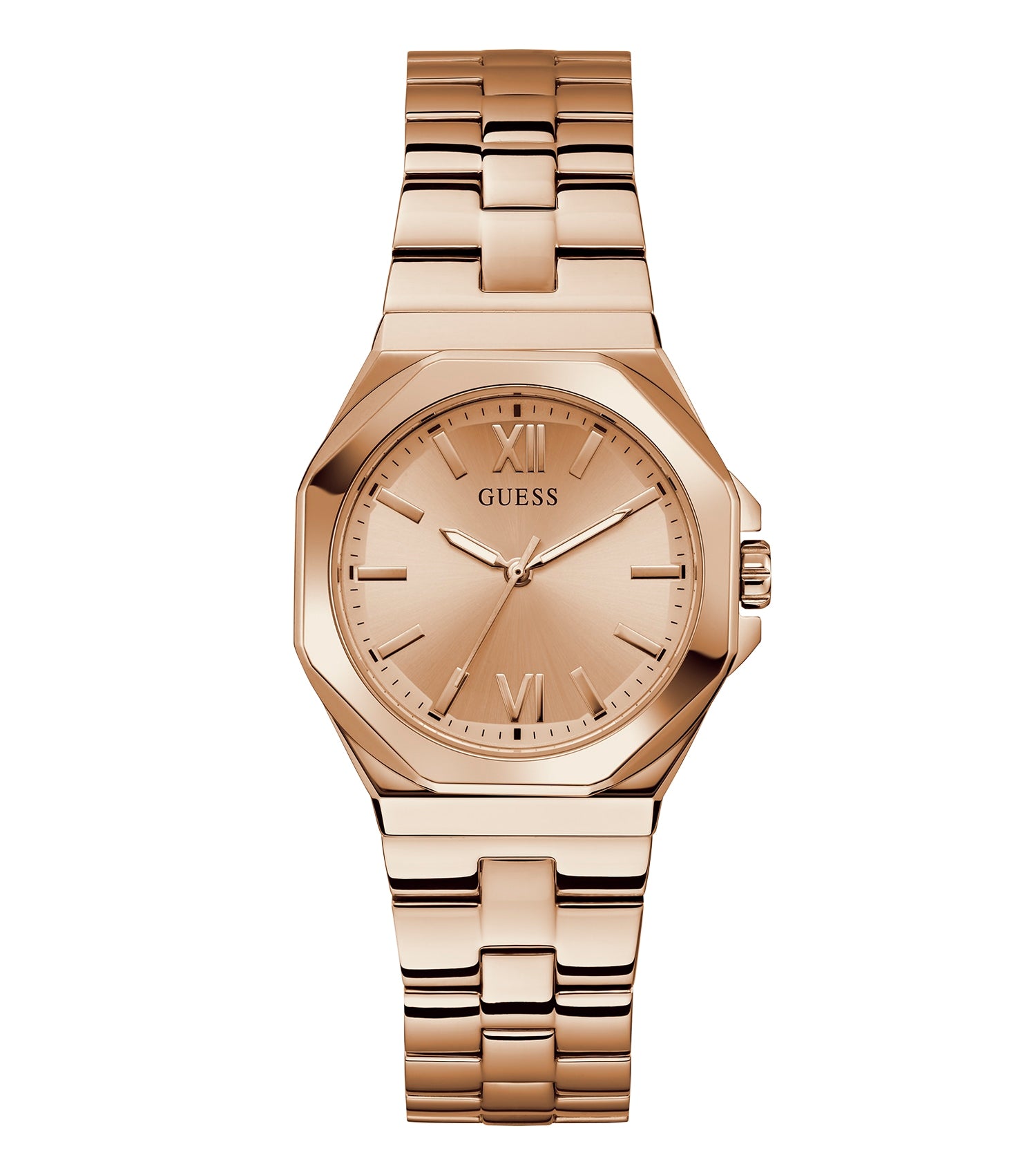 Elegant Guess quartz watch in a soothing color, showcasing a stylish round face and sleek gold strap, angled slightly sideways.