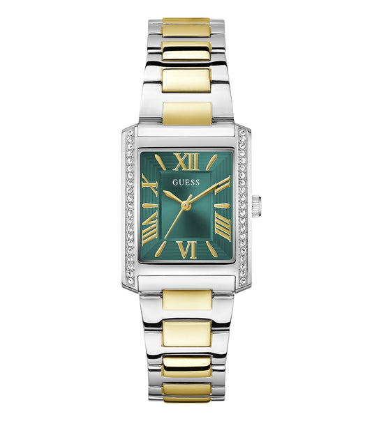Guess quartz watch in a unique angled display, showcasing its sleek gold design against a pristine white background.