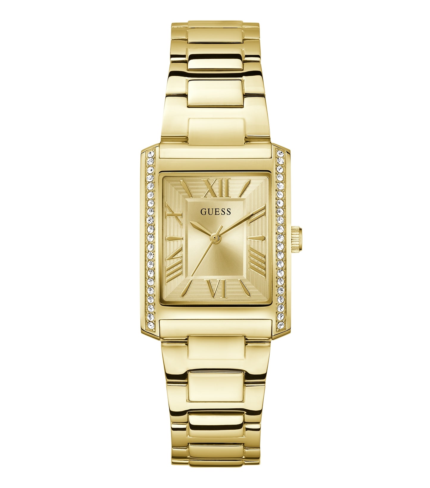 Guess Quartz Watch in GW0874L4 model, angled view shows luxurious gold accents and stylish white face on quartz-infused band