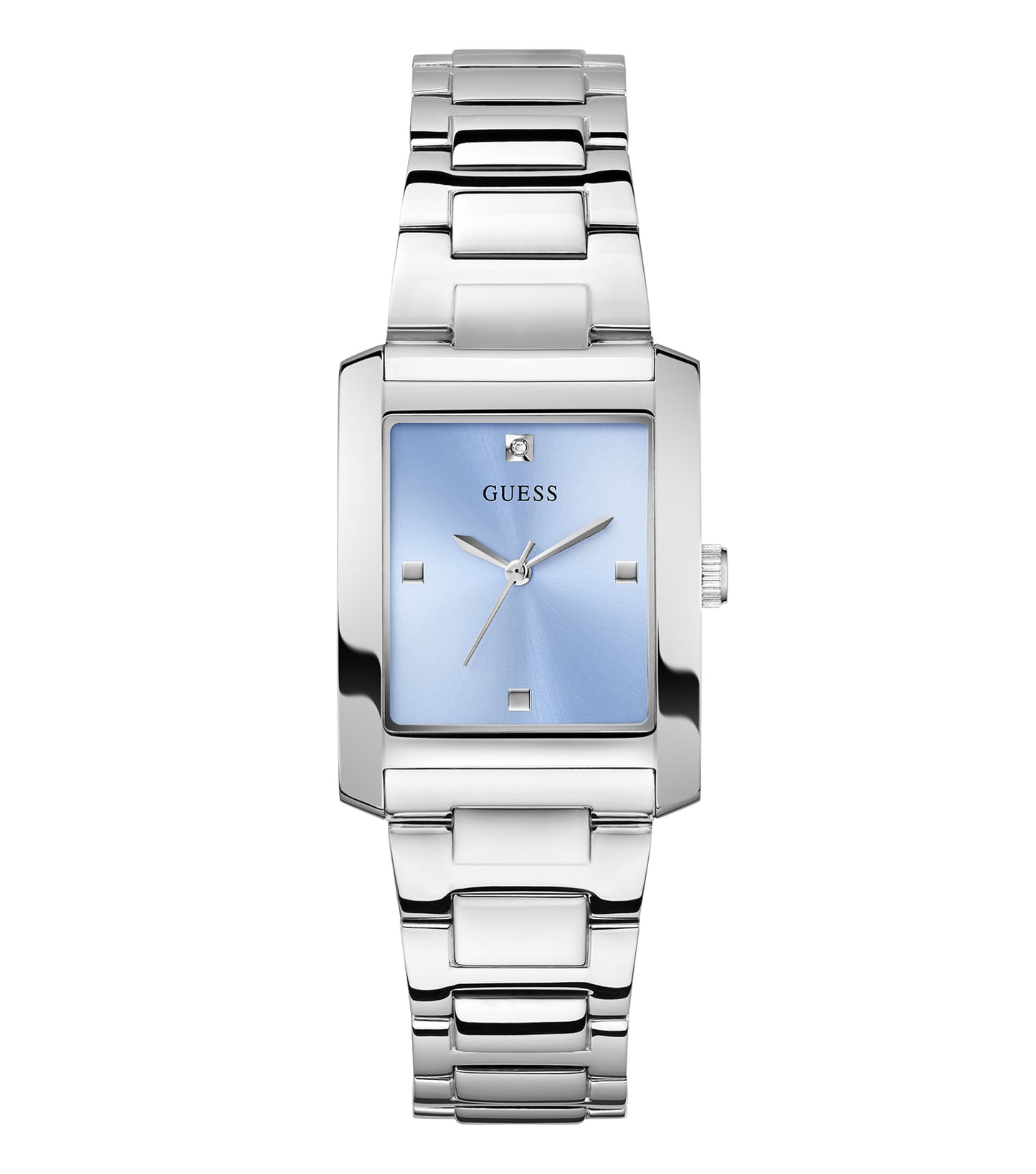 Elegant Guess watch GW0876L1 in quartz color, side angle view showcasing its slim design and distinctive glossy finish