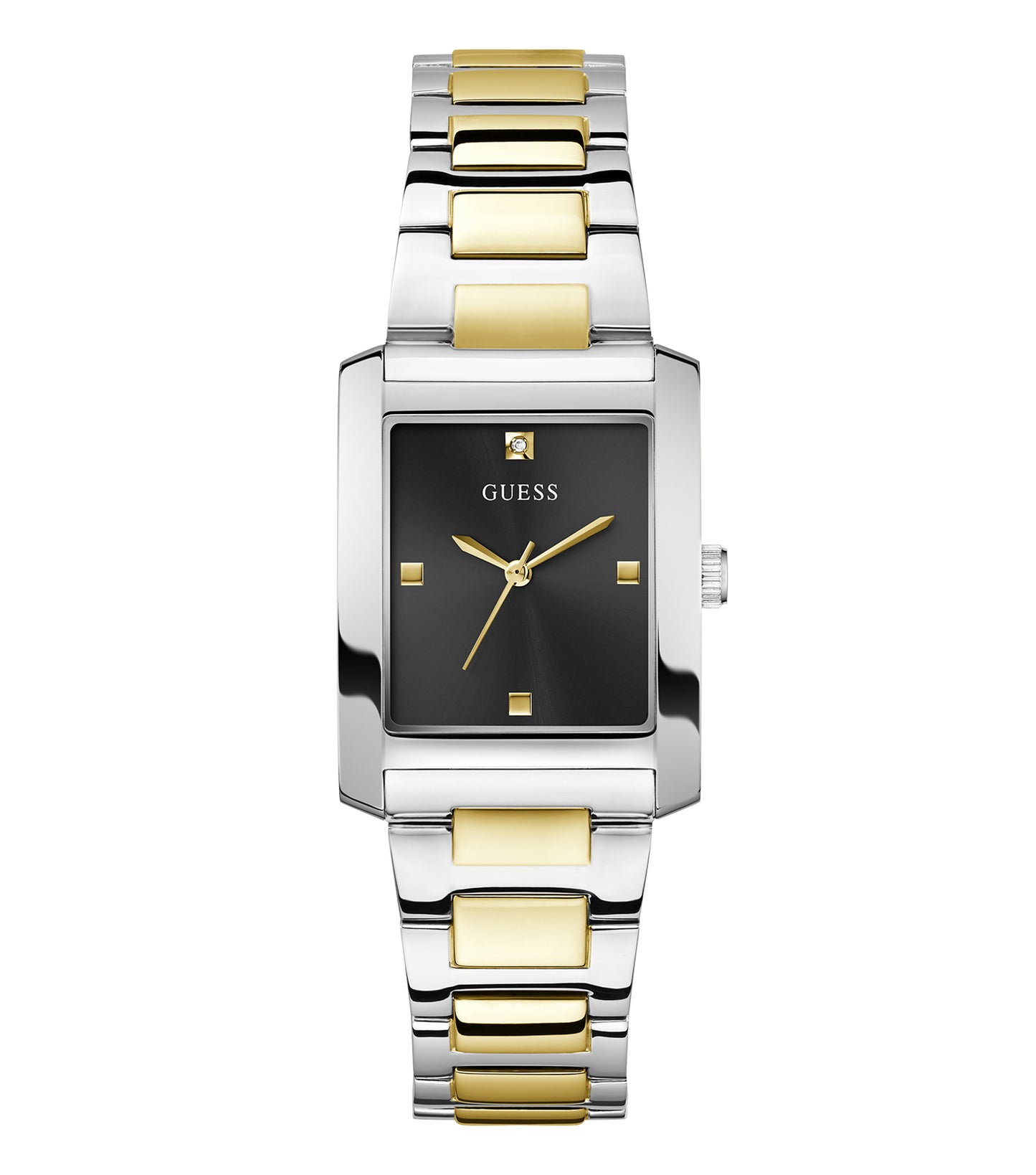 Elegant Guess quartz watch in rose gold, featuring crystal accents on bezel and bracelet, side angle showcasing detailed craftsmanship.