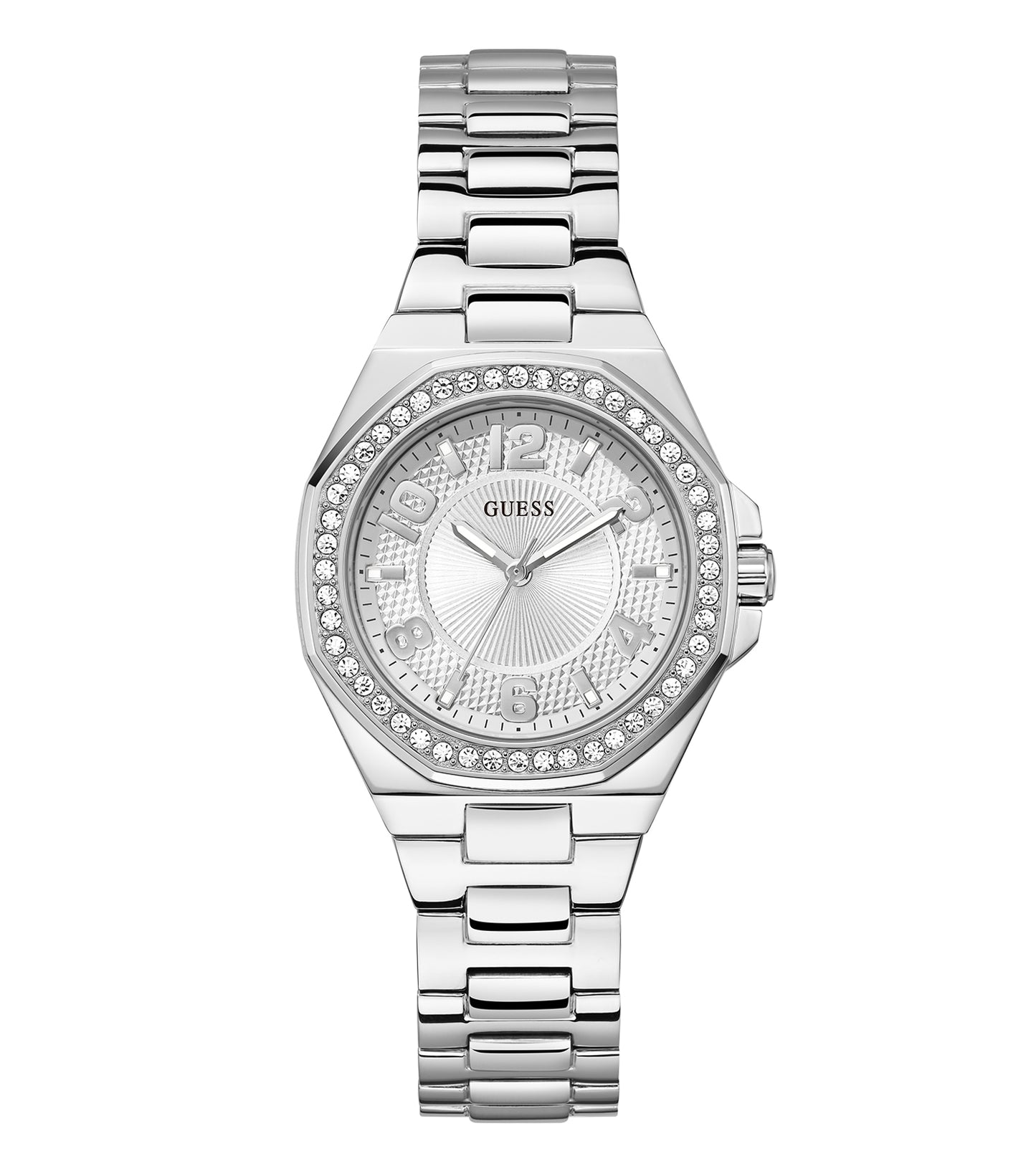 Guess quartz watch in elegant gold, GW0877L1 model, angled view highlighting sleek design and metallic strap for stylish timekeeping.