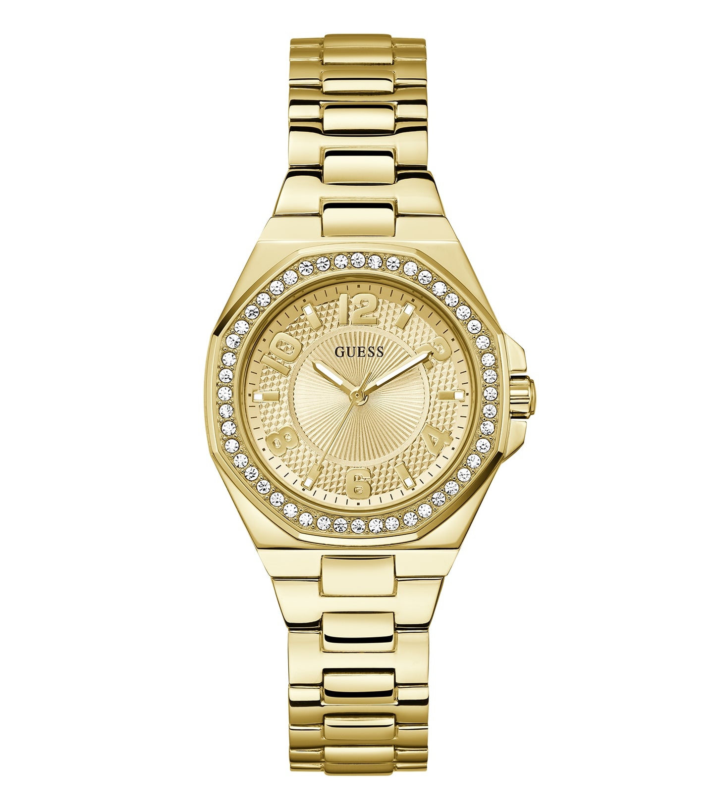 Elegant Guess watch in a soft bronze color, displayed at a 45-degree angle with a minimalist black watch face and slim leather strap.