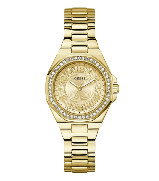 Elegant Guess watch in a soft bronze color, displayed at a 45-degree angle with a minimalist black watch face and slim leather strap.