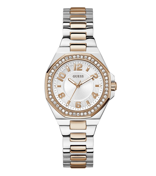 Guess brand quartz-colored watch with elegant round face and gold accents, angled to showcase side profile detail.