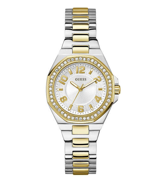 Elegant Guess quartz watch with a rose gold finish, displayed at a 45-degree angle, showcasing its modern and chic design.