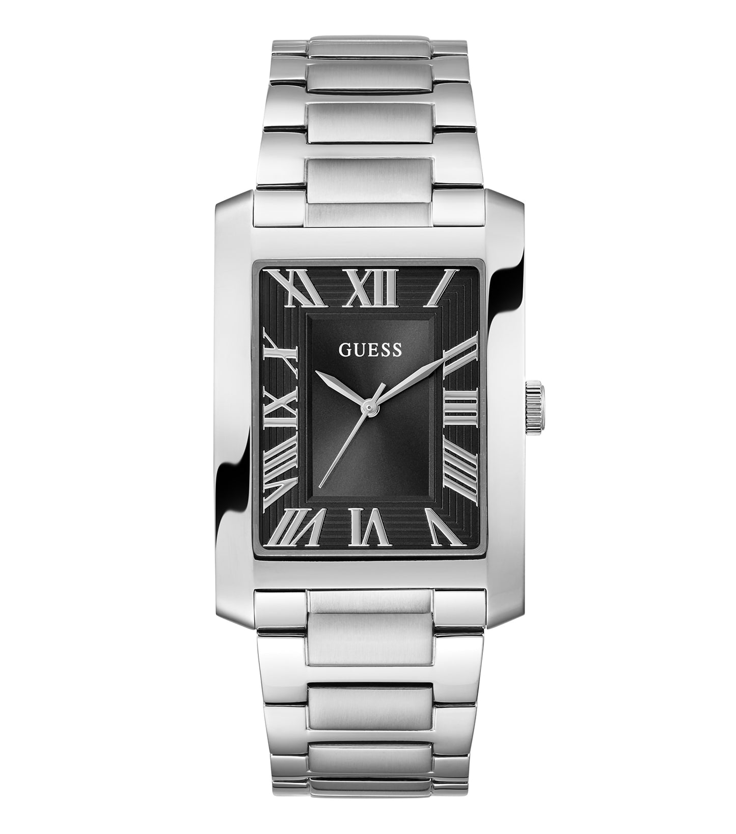 Passionate showcase of a Guess quartz watch with a sleek black dial, side angle, highlighting the sophisticated silver strap.