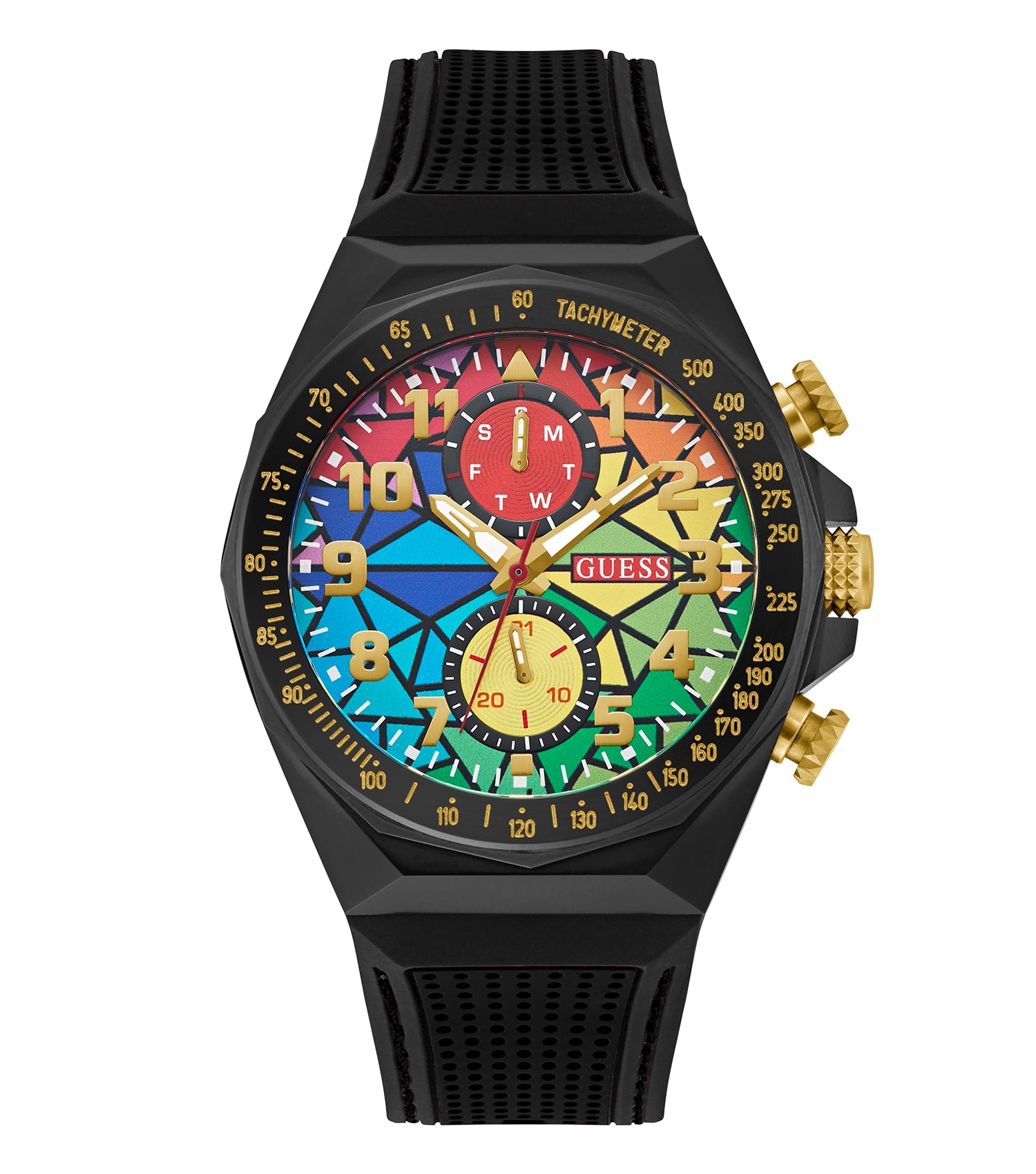 Guess watch in quartz color, side-angle view showcasing sleek design with visible golden bezel and linked strap, capturing elegance.