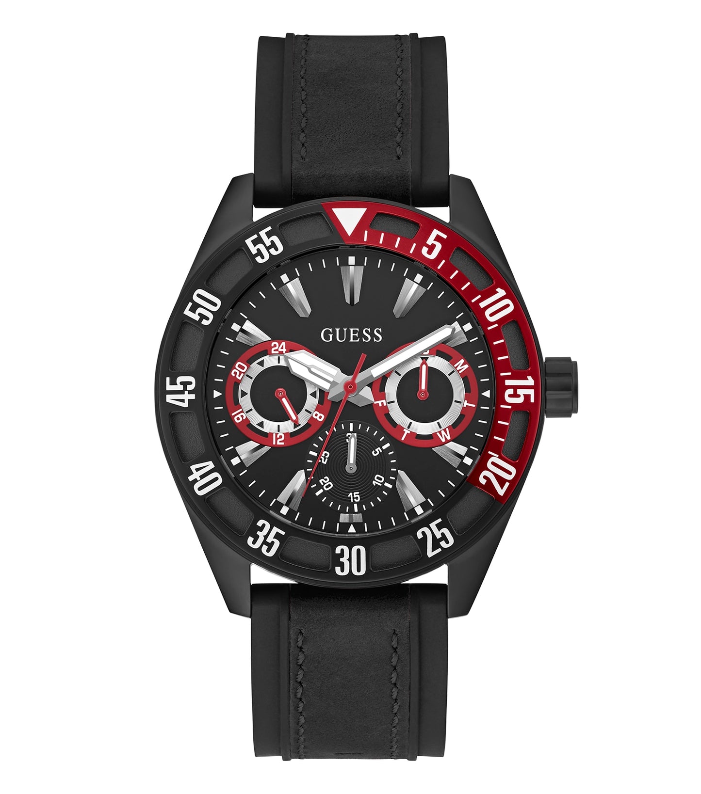 Guess men’s watch with a sleek black dial and silver casing, angled to highlight its elegant design and timeless appeal.