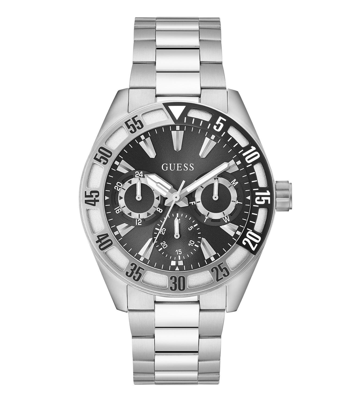 Guess Letterman Quartz Watch in sleek black, front angle view, showcasing the stylish round dial and modern design.