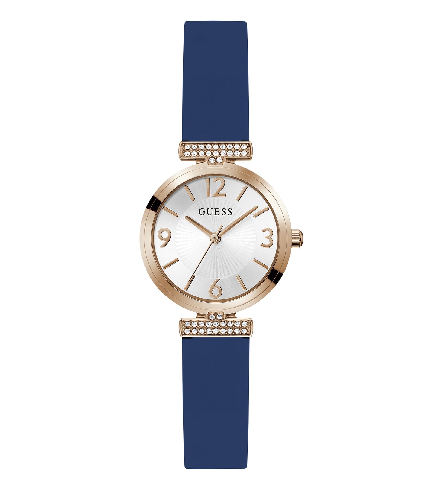 Guess gold-tone watch GW0912L3 with crystal accents, face-on angle; elegant design showcasing unique single-color style