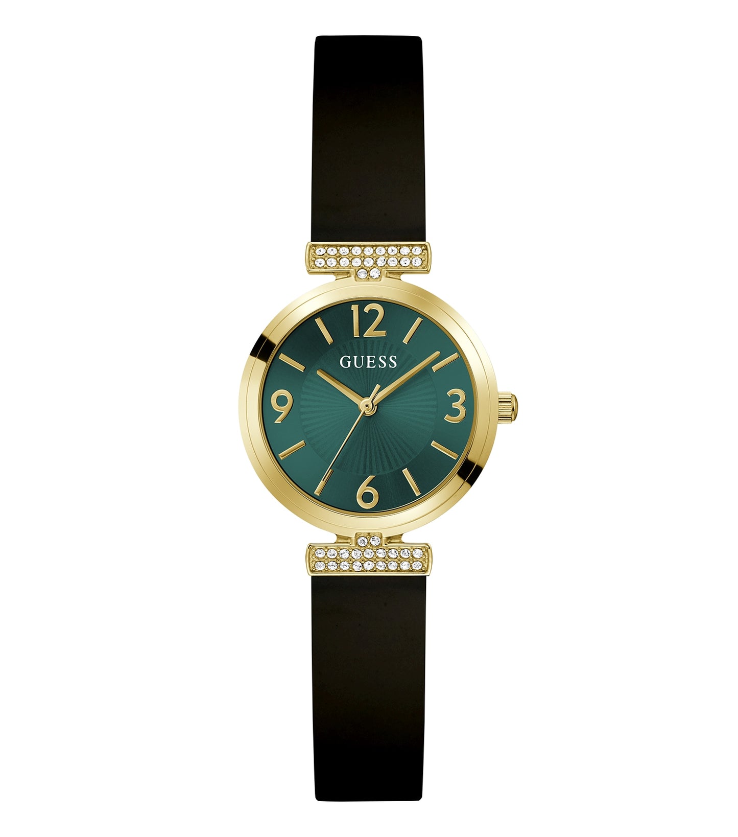 Guess quartz women's watch in soft pink, displayed at a three-quarter angle, showcasing an elegant face and strap design.