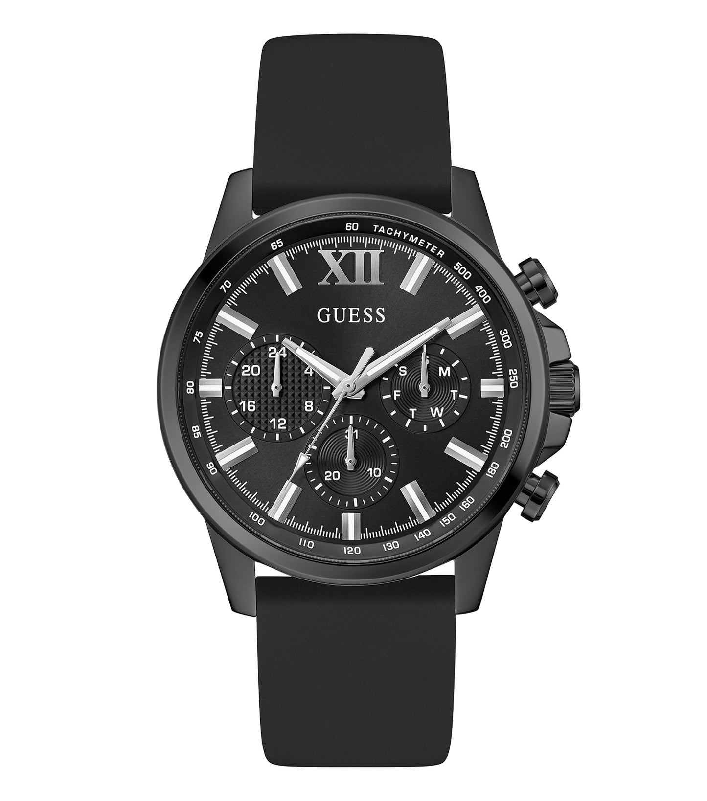 Guess quartz watch in rich navy blue color, front angle, featuring sleek design and precision craftsmanship details.