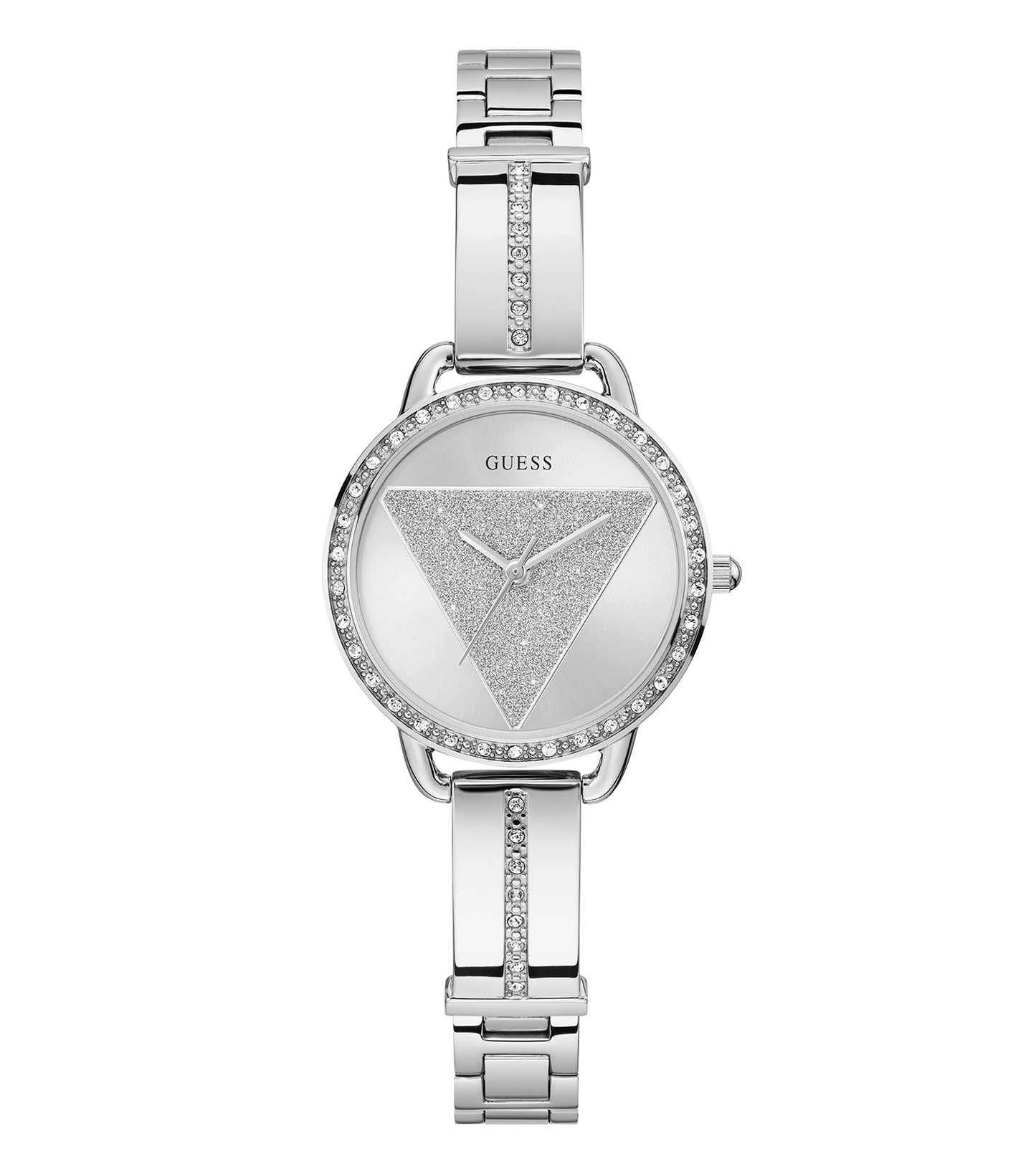 Guess watch in Bellini color viewed at a dynamic angle with sleek gold accents and an elegant dial design, embodying style and charm.