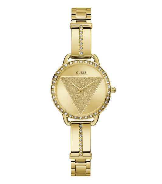 Guess Quartz watch in elegant gold tone, showcasing front angle view, with sparkling crystal accents on a white background.