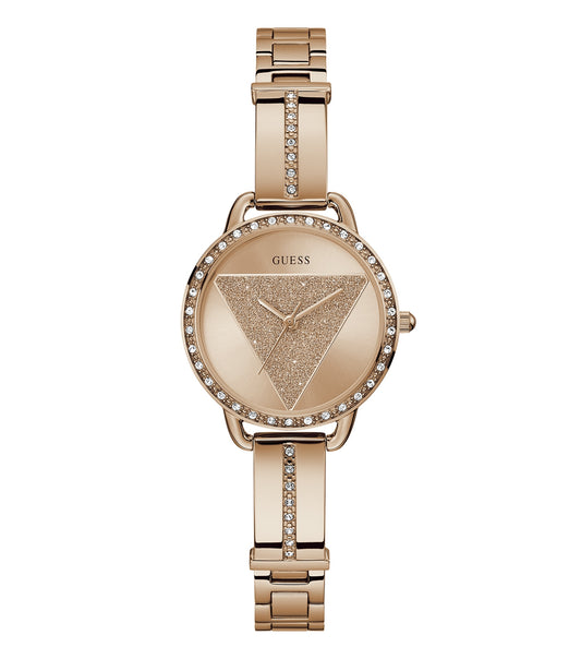 Guess watch in Bellini color, showcasing a round face and elegant rose gold accents, angled with style, highlighting luxury.