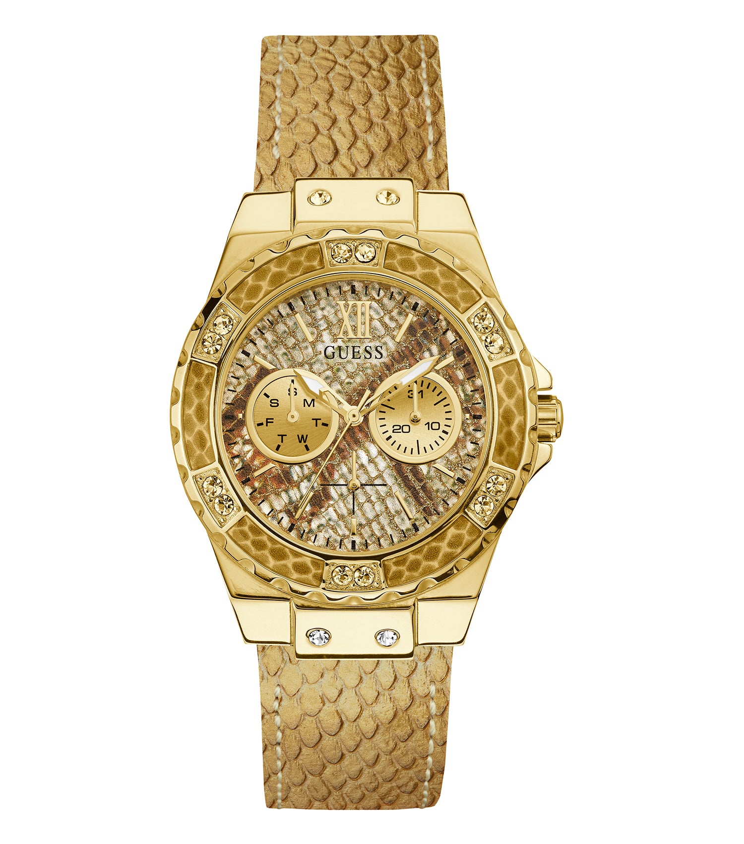 Guess watch in vibrant limelight color, angled display showcasing the sleek round dial and elegant strap, embodying timeless style.