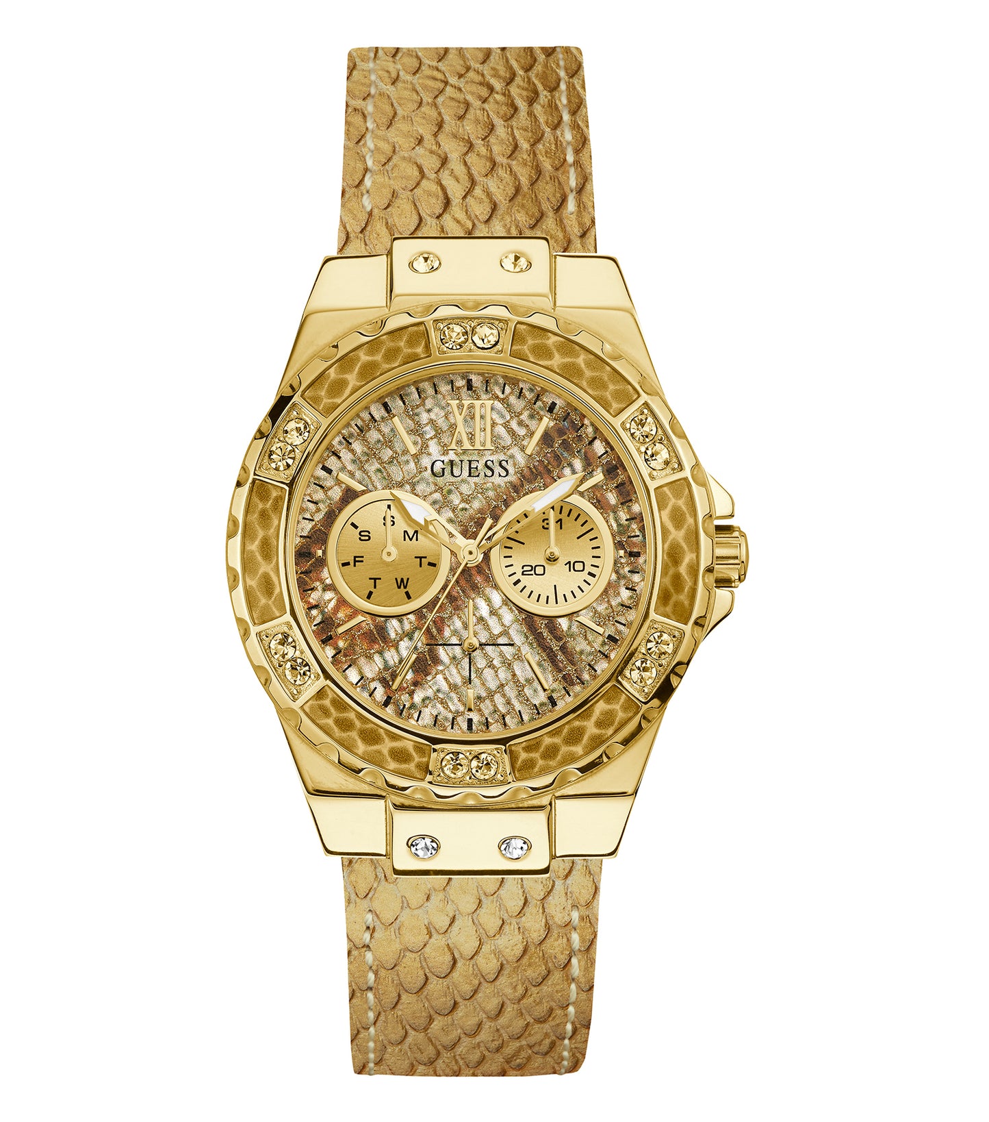 Guess watch in vibrant limelight color, angled display showcasing the sleek round dial and elegant strap, embodying timeless style.