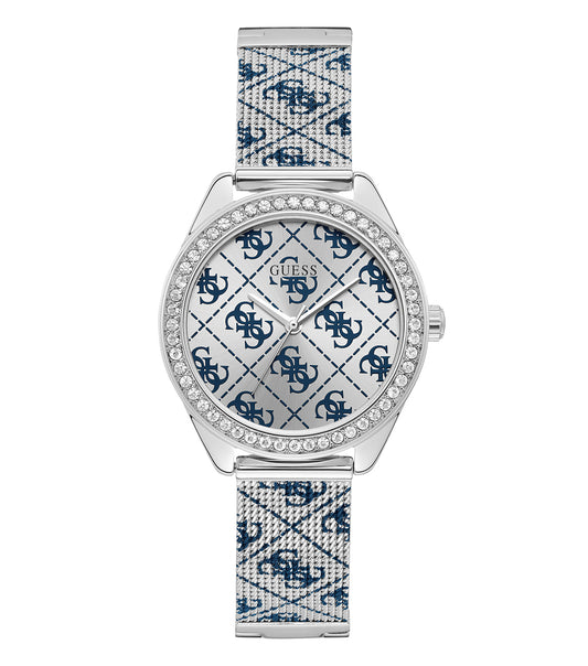 Guess quartz watch in beige color, showcasing a sleek design, captured at a 45-degree angle with sparkling detail.