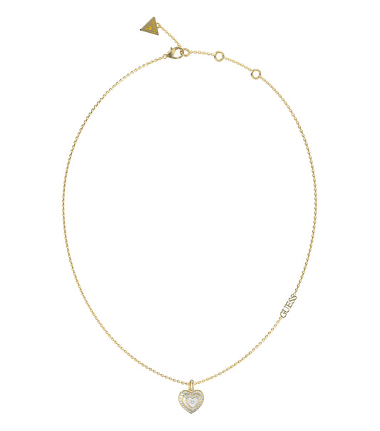 Gold Guess Jewellery necklace with a delicate chain seen from a front angle, highlighting its elegant design and lustrous finish.
