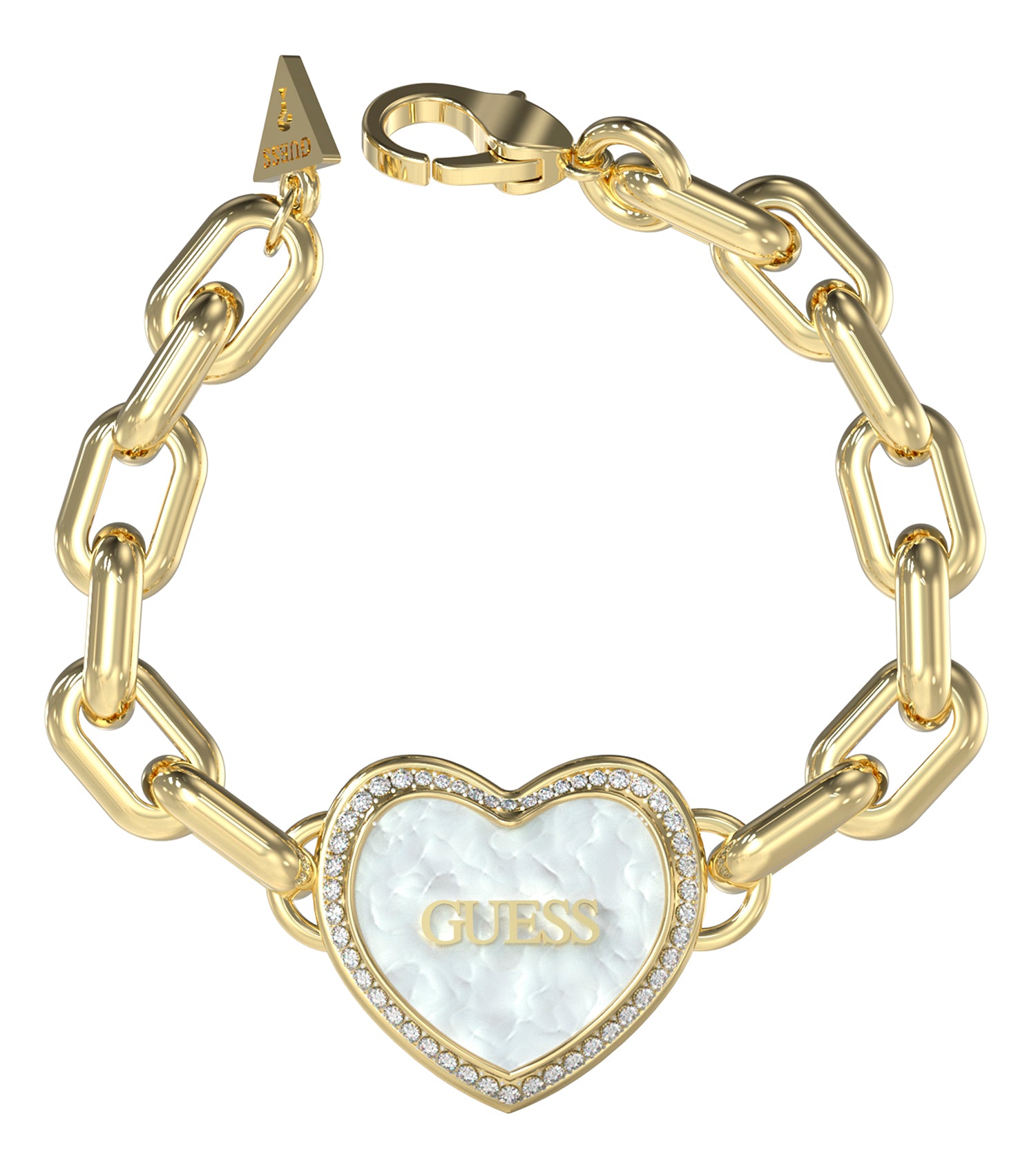 Gold Guess Jewellery bracelet, elegantly shot from a side angle, showcasing its luxurious sheen and intricate design details.