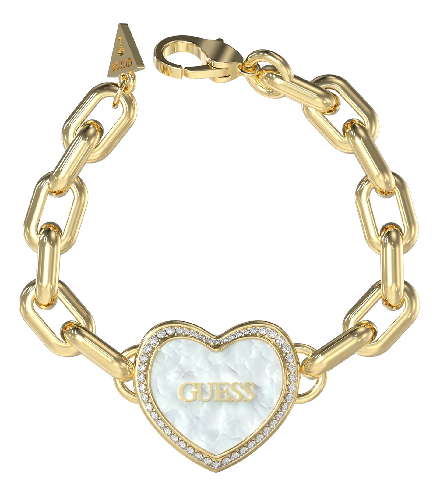 Gold Guess Jewellery bracelet, elegantly shot from a side angle, showcasing its luxurious sheen and intricate design details.