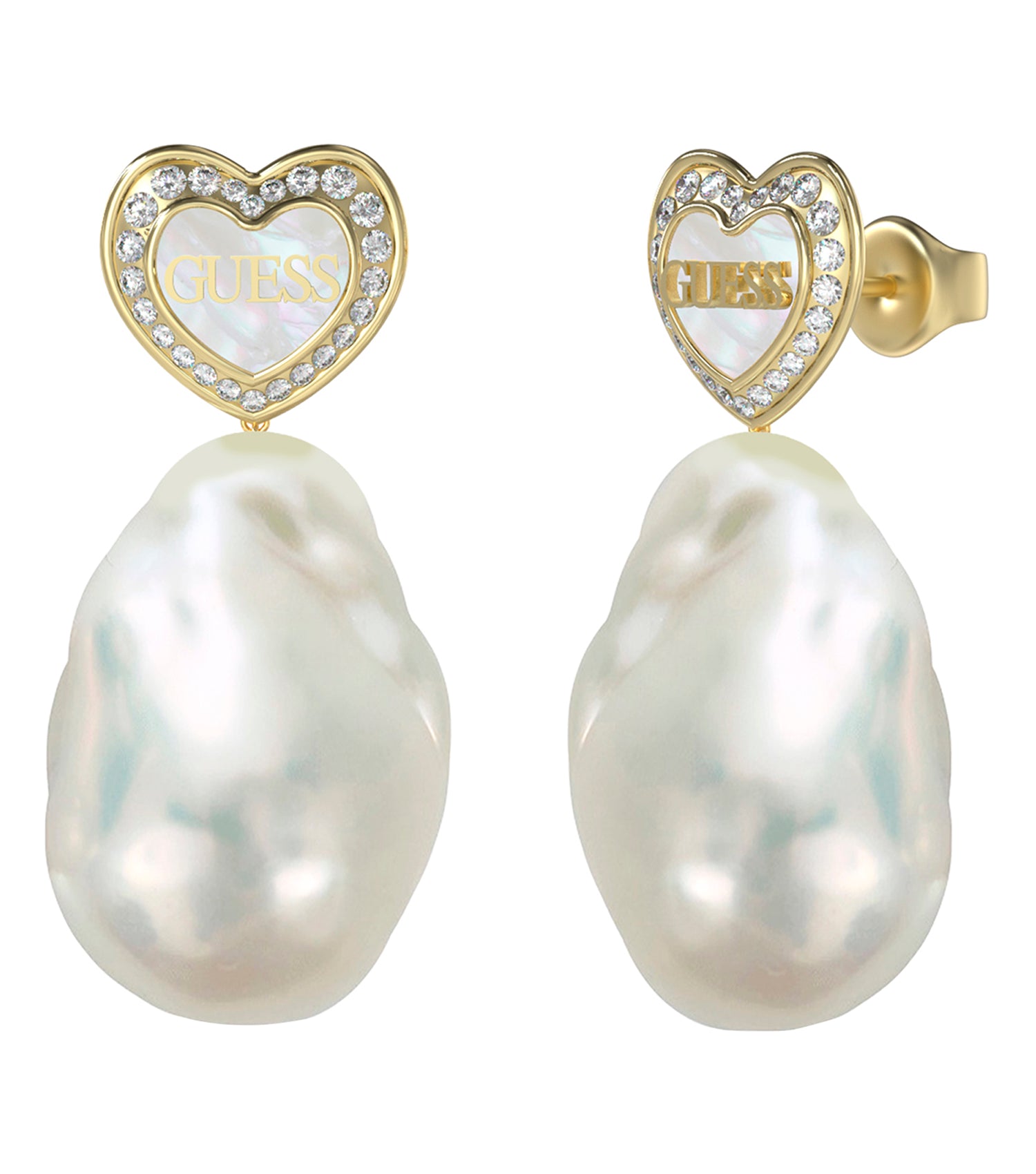 Gold-colored Guess Jewellery earrings showcasing a polished finish, captured at a diagonal angle, exuding elegance and style.