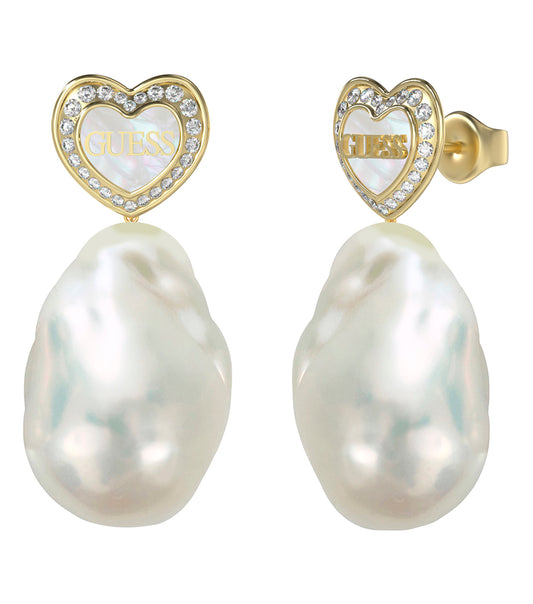 Gold-colored Guess Jewellery earrings showcasing a polished finish, captured at a diagonal angle, exuding elegance and style.