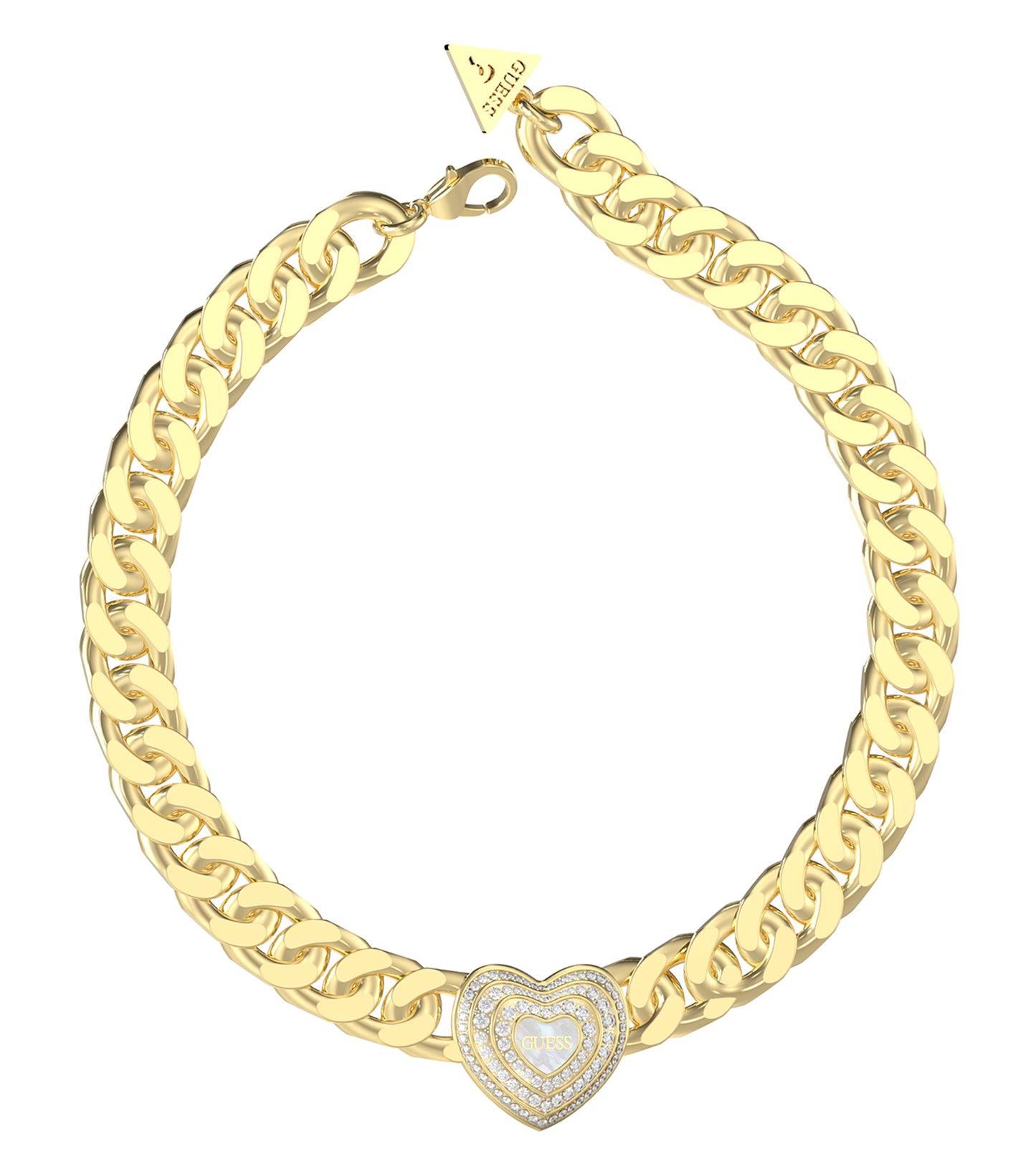 Elegant Guess Jewellery necklace in lustrous gold color, showcased flat from an overhead angle, highlighting its intricate details.
