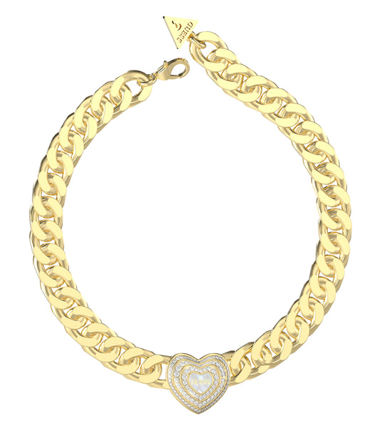 Elegant Guess Jewellery necklace in lustrous gold color, showcased flat from an overhead angle, highlighting its intricate details.