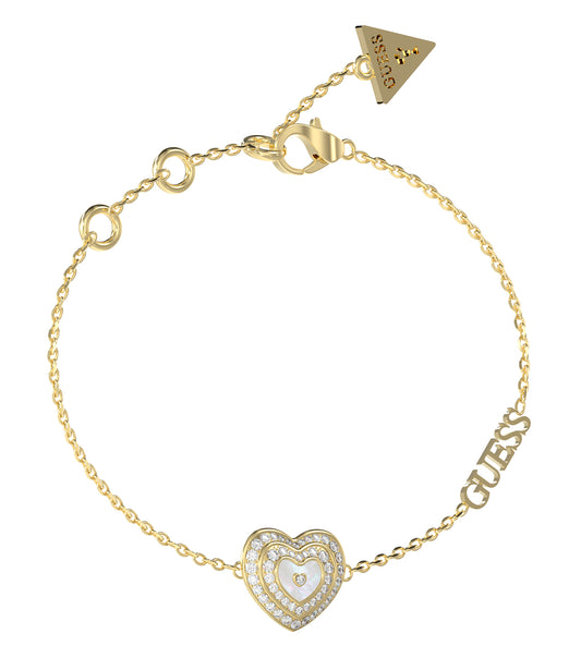 Gold Guess Jewellery bracelet with a smooth, lustrous finish, showcasing a delicate curved angle, exuding elegance and charm.