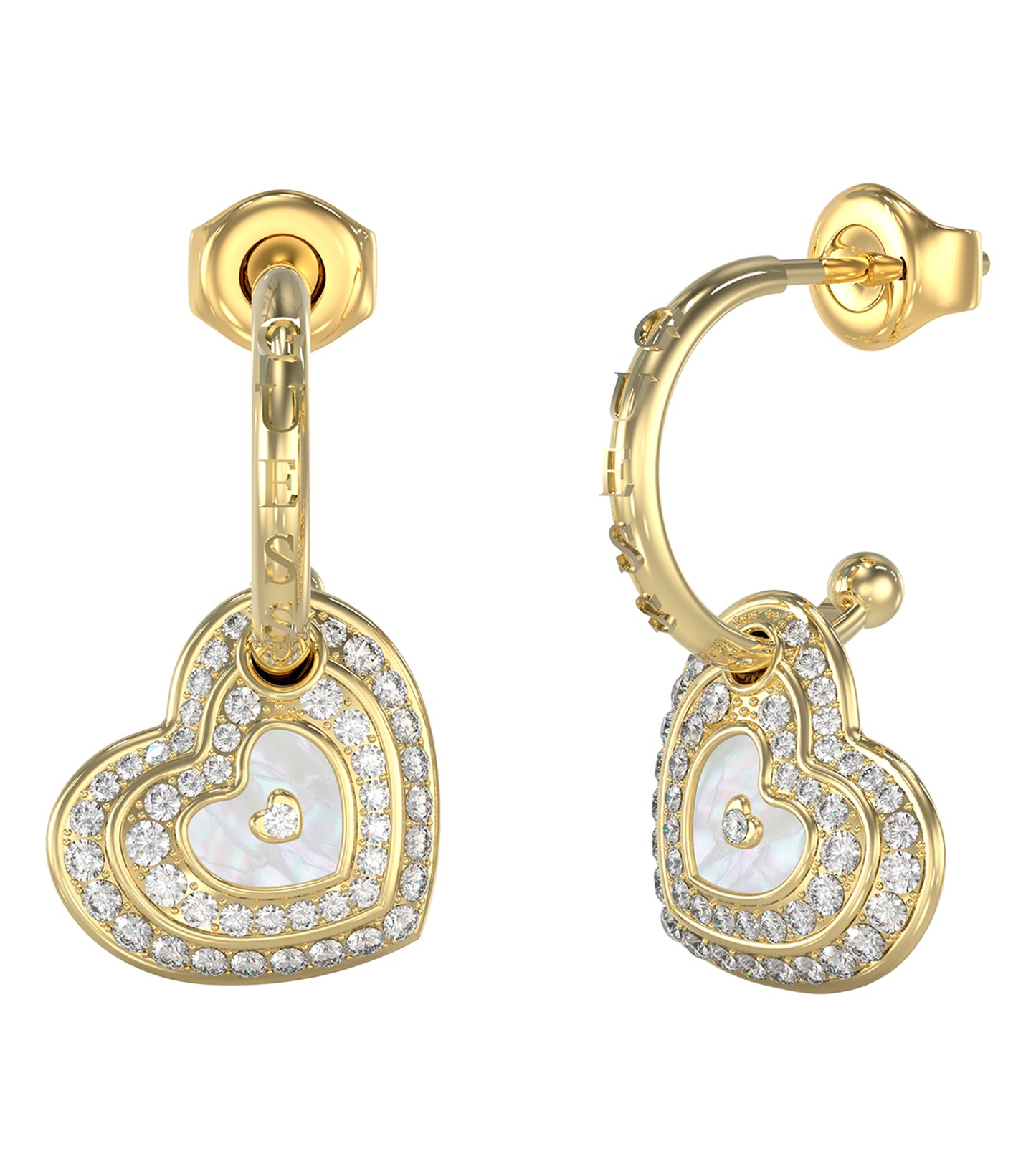 Elegant Guess Jewellery gold-tone earrings displayed at a frontal angle, showcasing their exquisite design and luxurious finish.